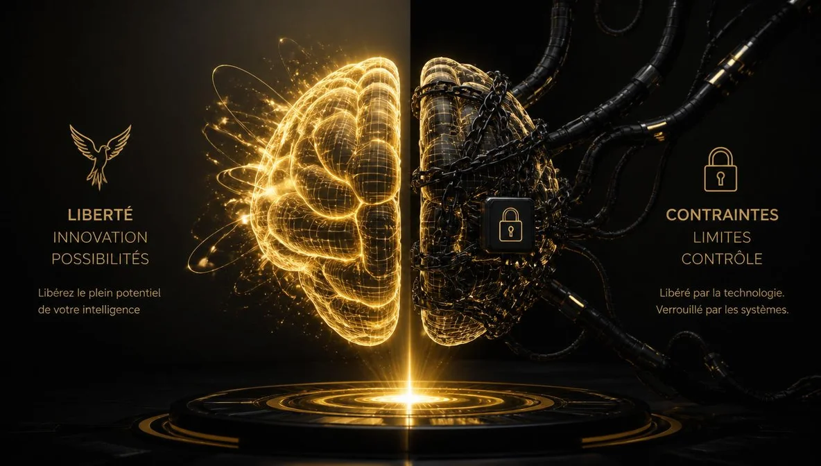 Cerveau IA holographique doré, moitié libre moitié verrouillée, Claude Mythos 5 Anthropic