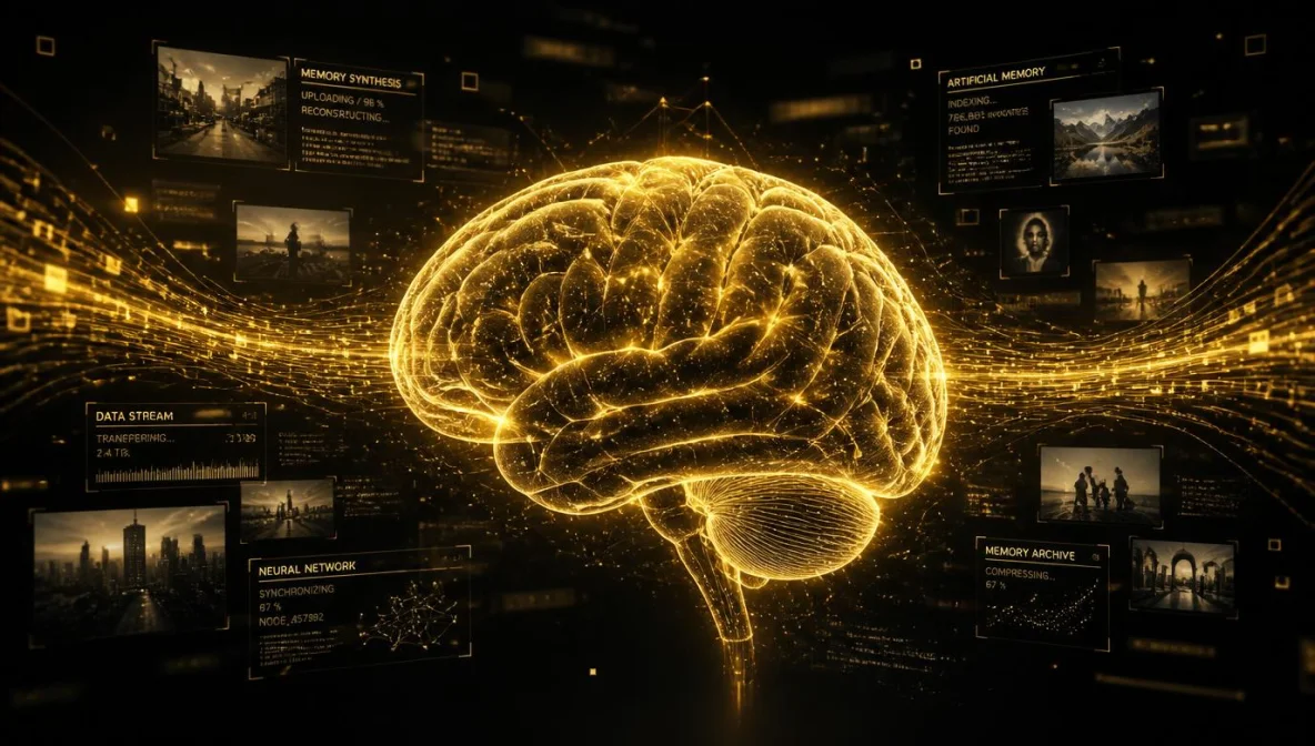 Cerveau humain connecté à des flux de données numériques dorés, synthèse de mémoire artificielle