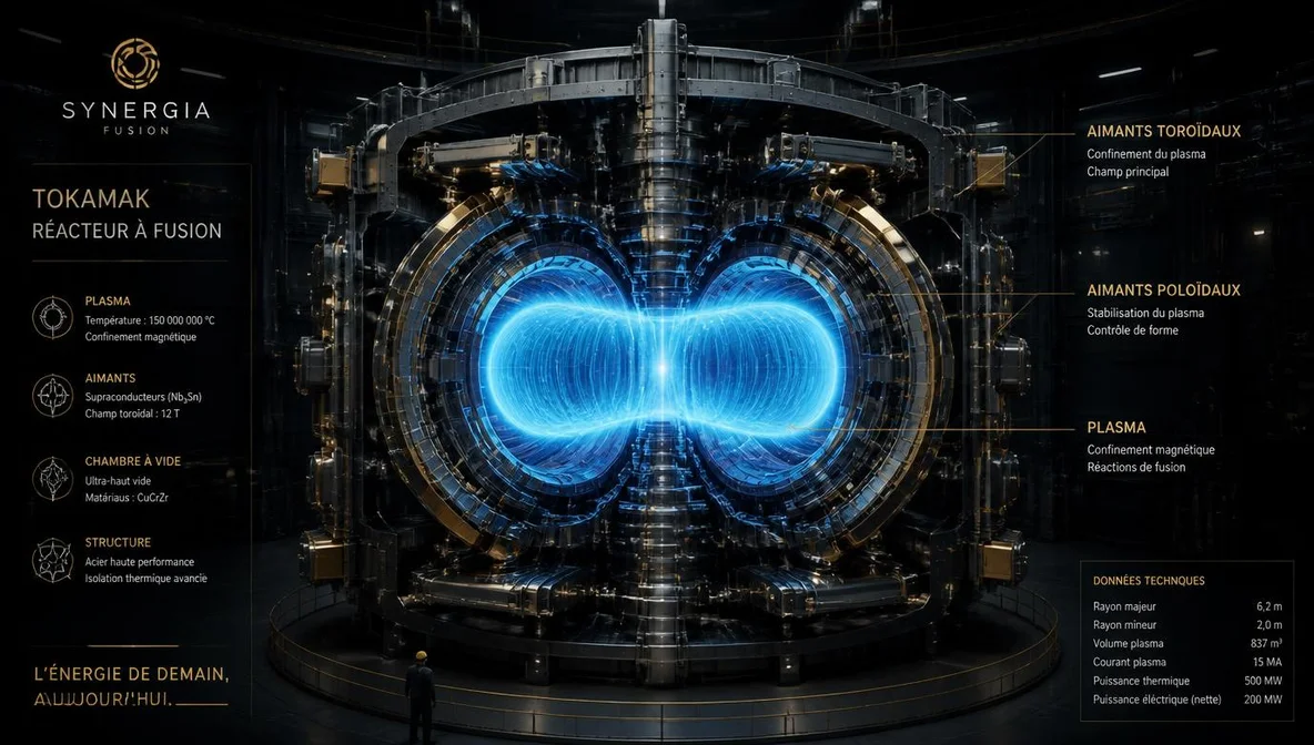 Réacteur tokamak en coupe, plasma bleu confiné par aimants supraconducteurs, Commonwealth Fusion ARC