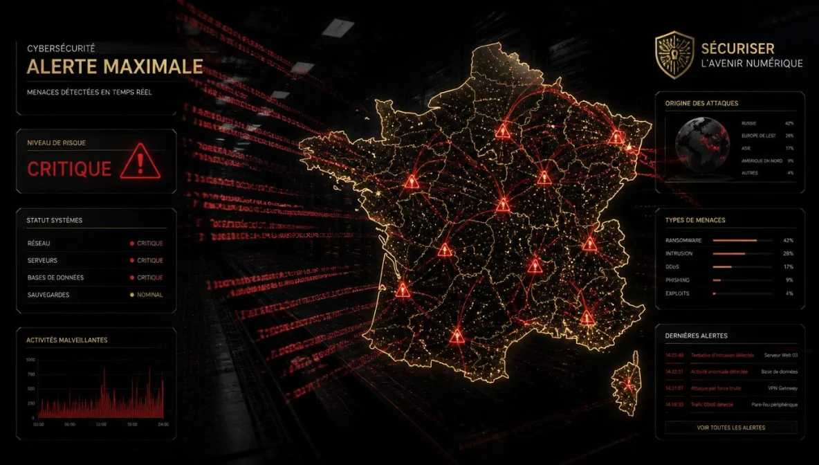 Data center obscur traversé par des lignes de code rouge menaçantes, carte de France illuminée de signaux d'alerte cybersécurité