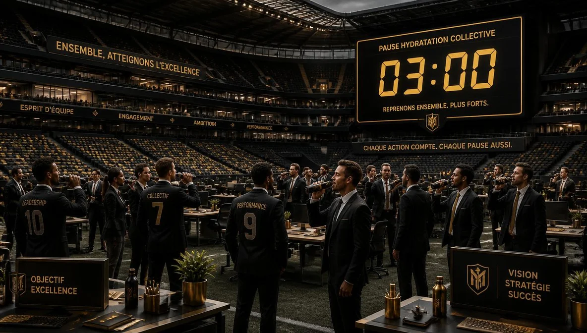 Stade de football business, terrain transforme en open space, joueurs et employes partageant une pause, style premium or sur fond sombre