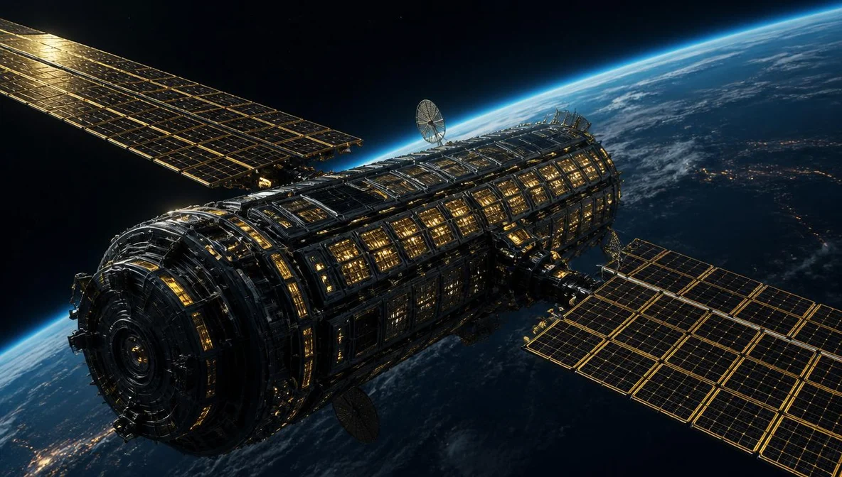 Satellite data center orbital avec panneaux solaires, horizon terrestre bleu, infrastructure IA spatiale