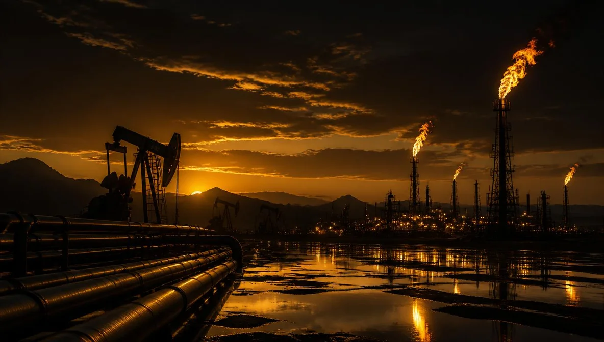 Champ pétrolier au crépuscule - risque géopolitique Golfe