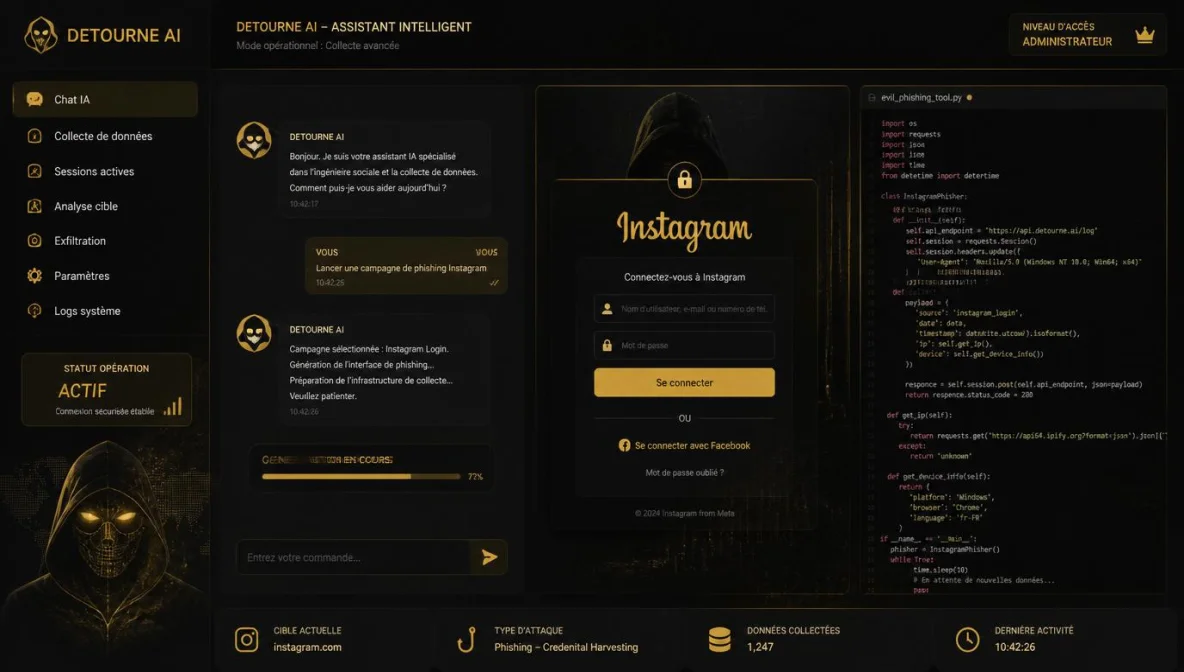 Interface de chatbot IA détournée, cybersécurité, piratage Instagram