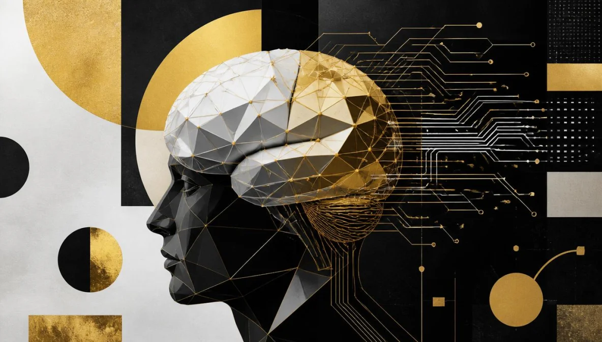 Cerveau humain connecté IA circuits dorés leadership mindset strategy
