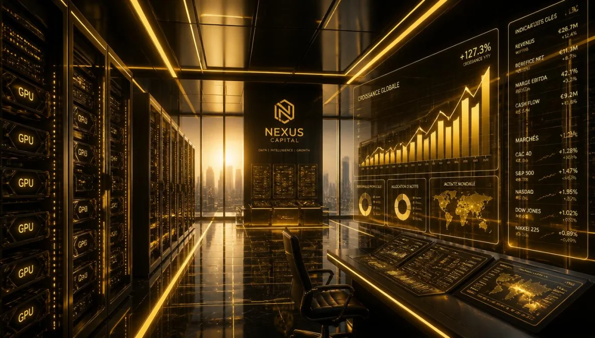 Data center futuriste baigné d'une lumière dorée avec serveurs GPU illuminés